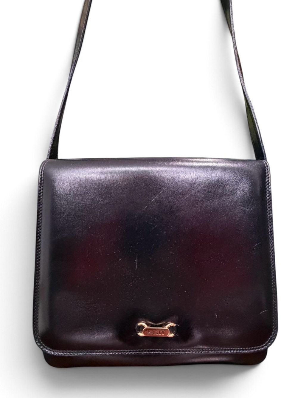 Vintage Bally Black Leather Flap Crossbody Bag Gold Logo Made in Italy